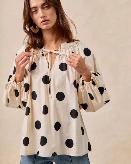 BiBi Polka Dot Exaggerated Balloon Sleeves Blouse - Sleekdenim.com