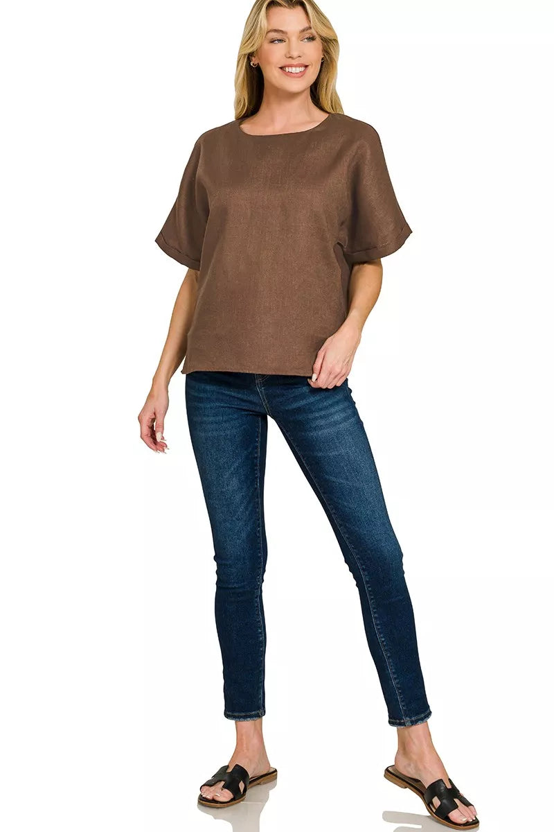 Zenana Linen Round Neck Cuffed Sleeve Top - Image 3