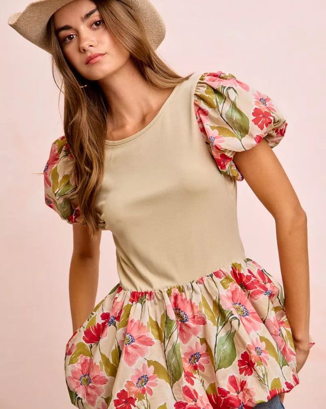 BiBi Floral Printed Bubble Sleeves and Hem Peplum Top - Sleekdenim.com