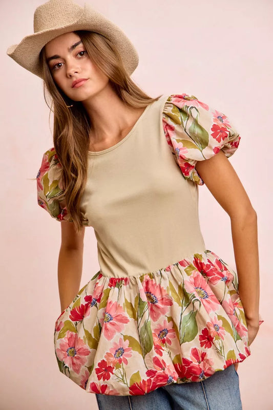 BiBi Floral Printed Bubble Sleeves and Hem Peplum Top - Sleekdenim.com