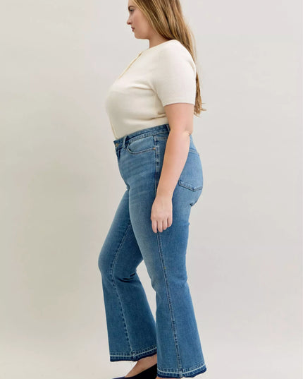 Judy Blue Full Size Mid Rise Slim Bootcut Tummy Control Release Hem Jeans Plus Size - Sleekdenim.com