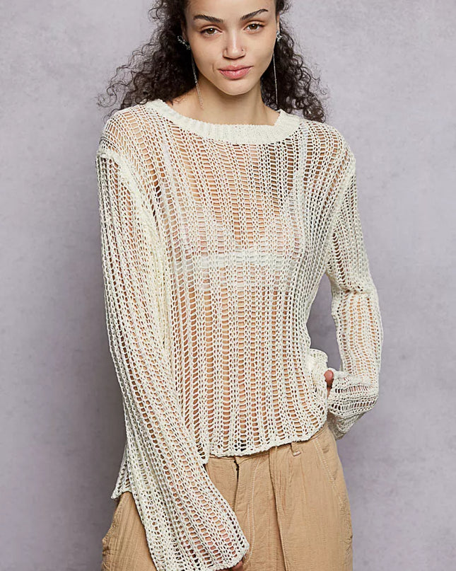 POL Openwork Round Neck Knit Cover Up - Sleekdenim.com