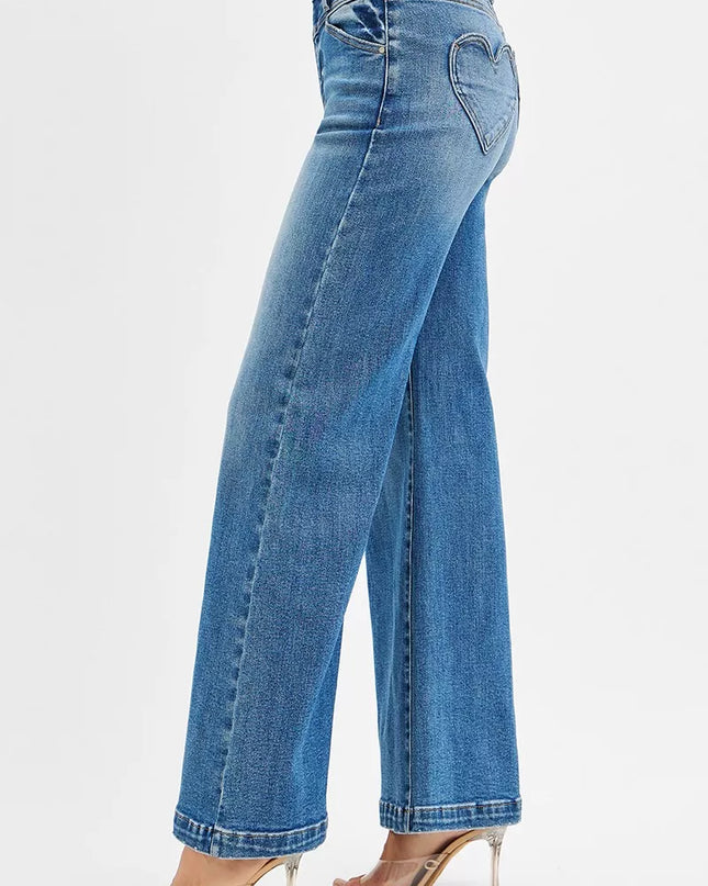RISEN High Rise Wide Leg Jenas with Front Yoke and Heart Back Pocket - Sleekdenim.com