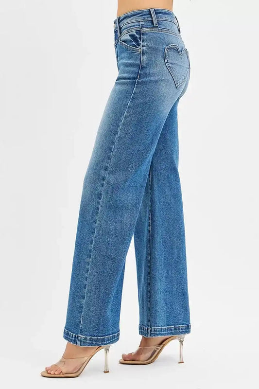 RISEN High Rise Wide Leg Jeans with Front Yoke and Heart Back Pocket PW21353 - Sleekdenim.com