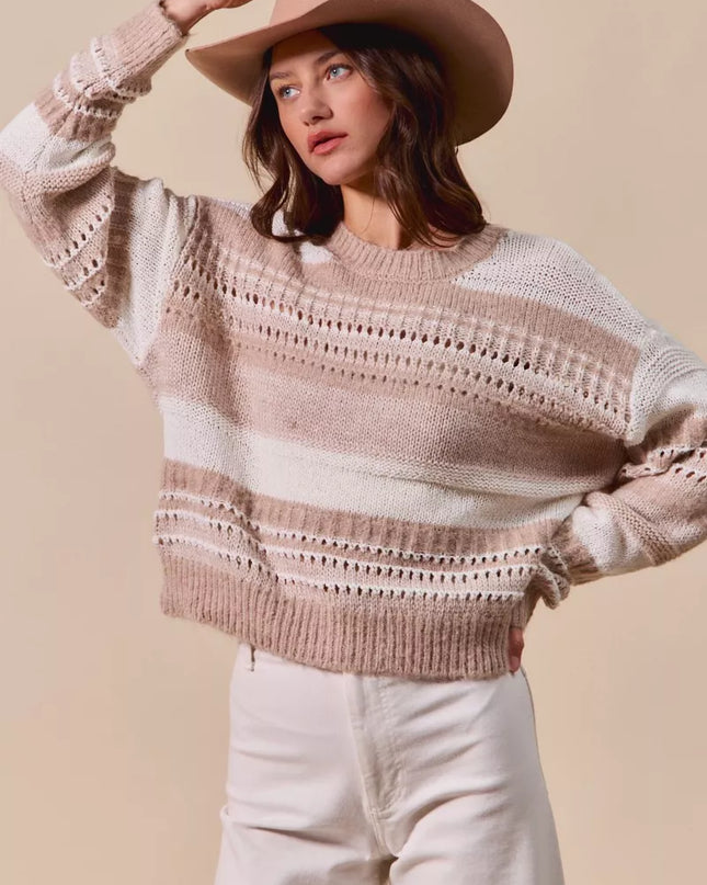 SO ME Variegated Stripe Textured Loose Fit Sweater - Sleekdenim.com