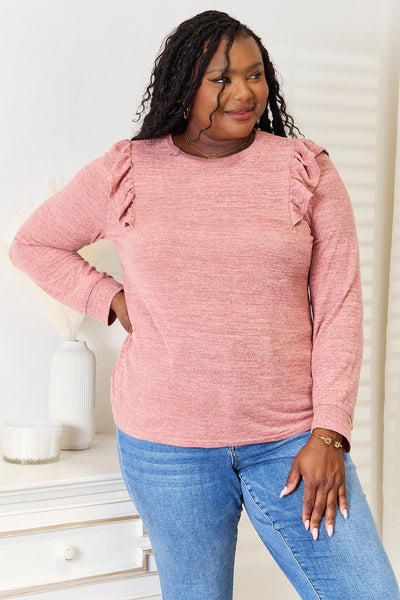 Double Take Ruffle Shoulder Long Sleeve T-Shirt Dusty Pink