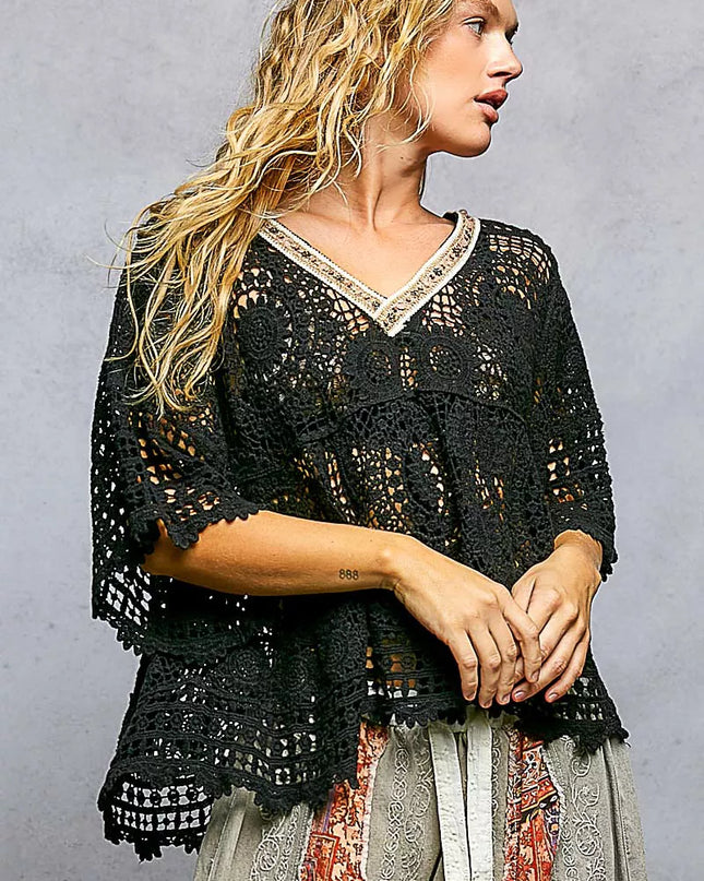 POL V-Neck Crochet Top with Scalloped Hem - Sleekdenim.com