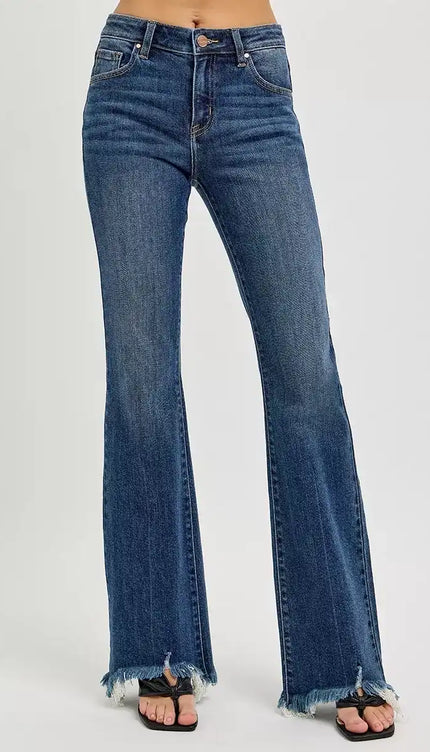 RISEN Mid Rise Flare Frayed Hem Jeans RDP5836 - Sleekdenim.com