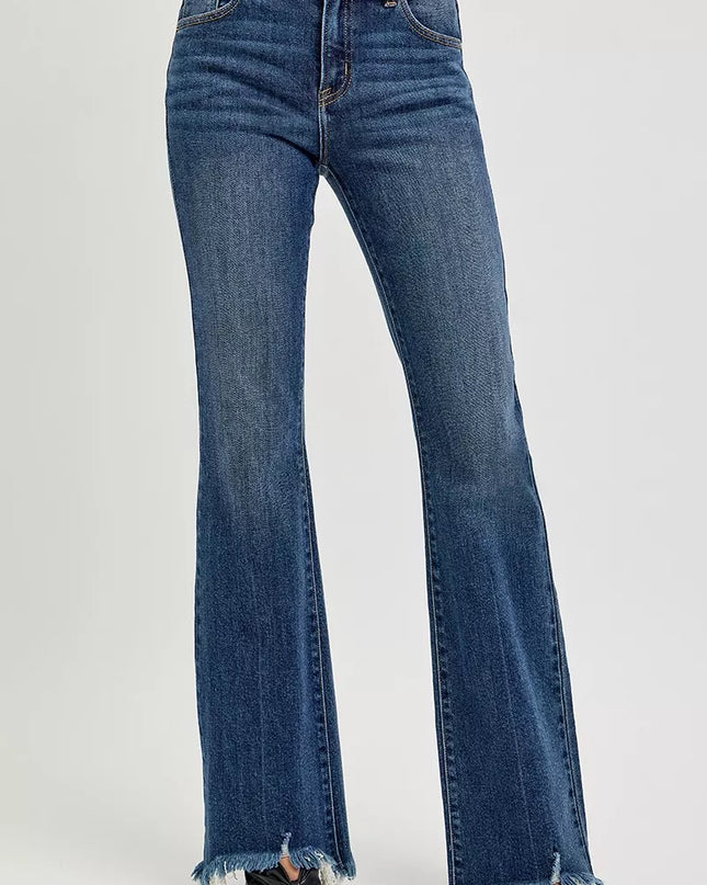 RISEN Full Size Mid Rise Flare Frayed Hem Jeans Plus Size - Sleekdenim.com