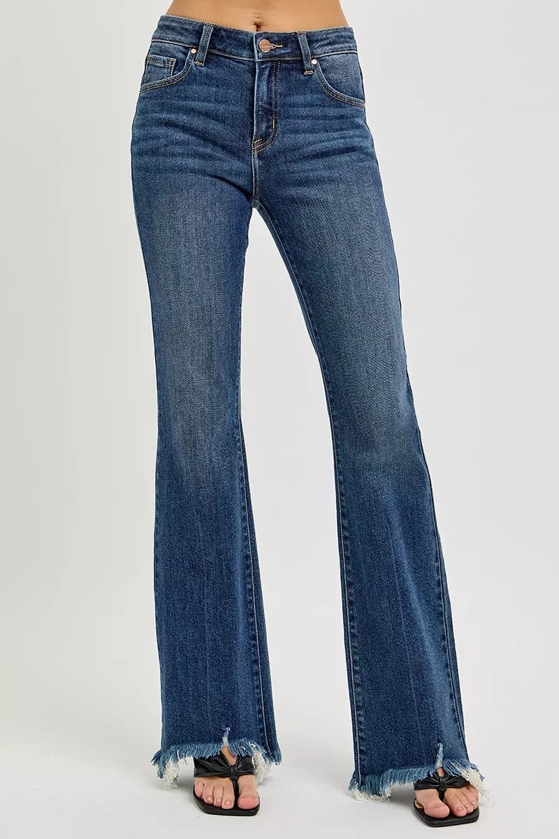 RISEN Full Size Mid Rise Flare Frayed Hem Jeans Plus Size - Sleekdenim.com