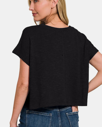 Zenana Round Neck Short Sleeve Crop T-Shirt - Sleekdenim.com