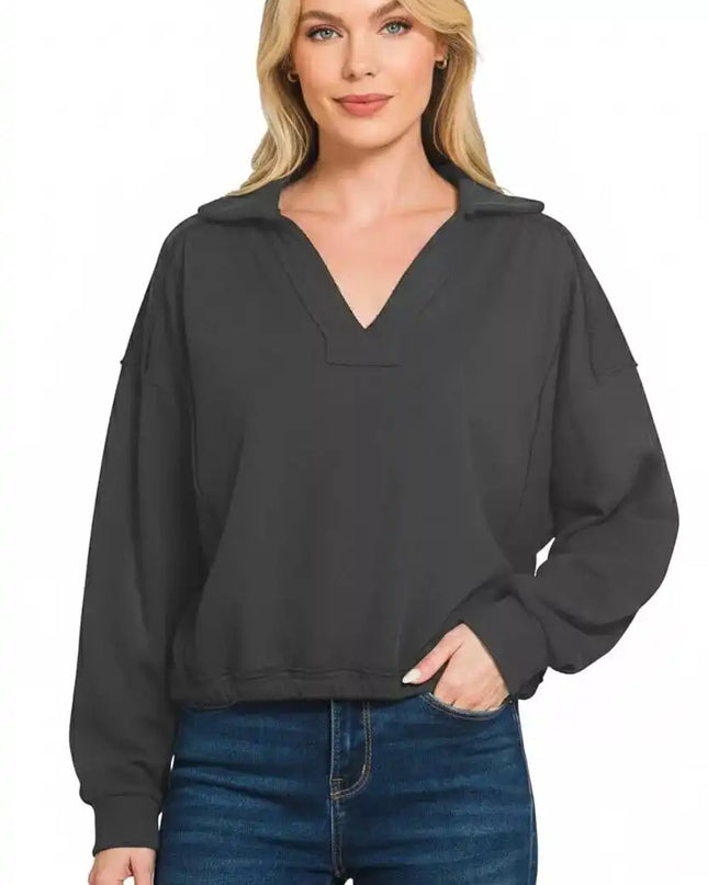 Zenana French Terry Collared Exposed Seam Sweatshirt - Sleekdenim.com