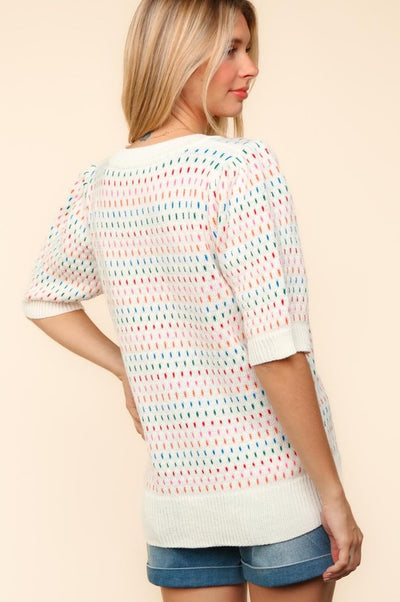 Haptics Round Neck Half Sleeve Multi Color Knit Top