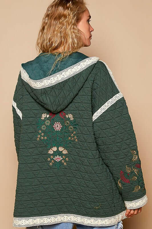 POL Embroidered Open Front Quilted Jacket with Crochet Pockets | Sleekdenim.com