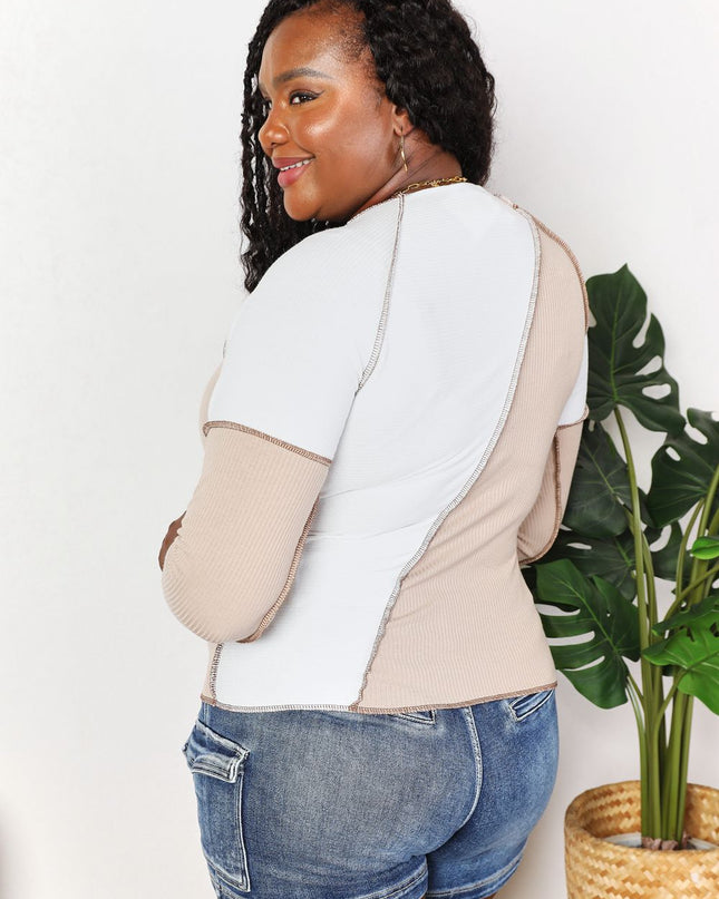 Double Take Color Block Exposed Seam Top - Sleekdenim.com