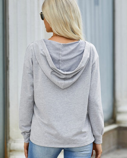 Solid Lace Trim Long Sleeve Loose Hoodie - Sleekdenim.com