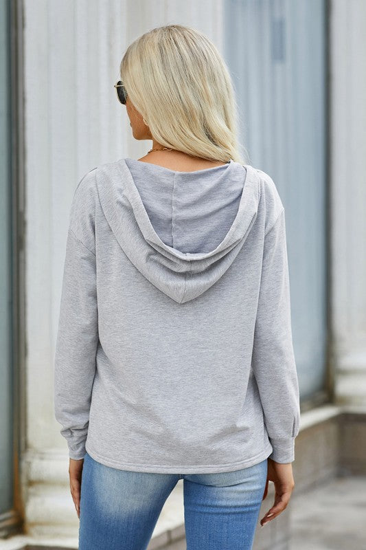 Solid Lace Trim Long Sleeve Loose Hoodie - Sleekdenim.com