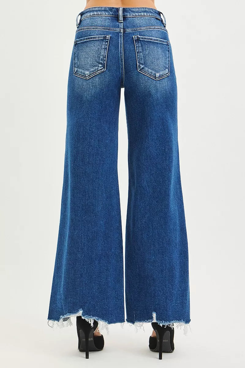 RISEN High Rise Wide Leg Jeans with Distressed Hem - Sleekdenim.com
