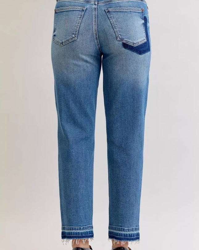 Judy Blue Full Size Mid Rise Bf Patch & Repair Destroy Release Hem Jeans Plus Size - Sleekdenim.com