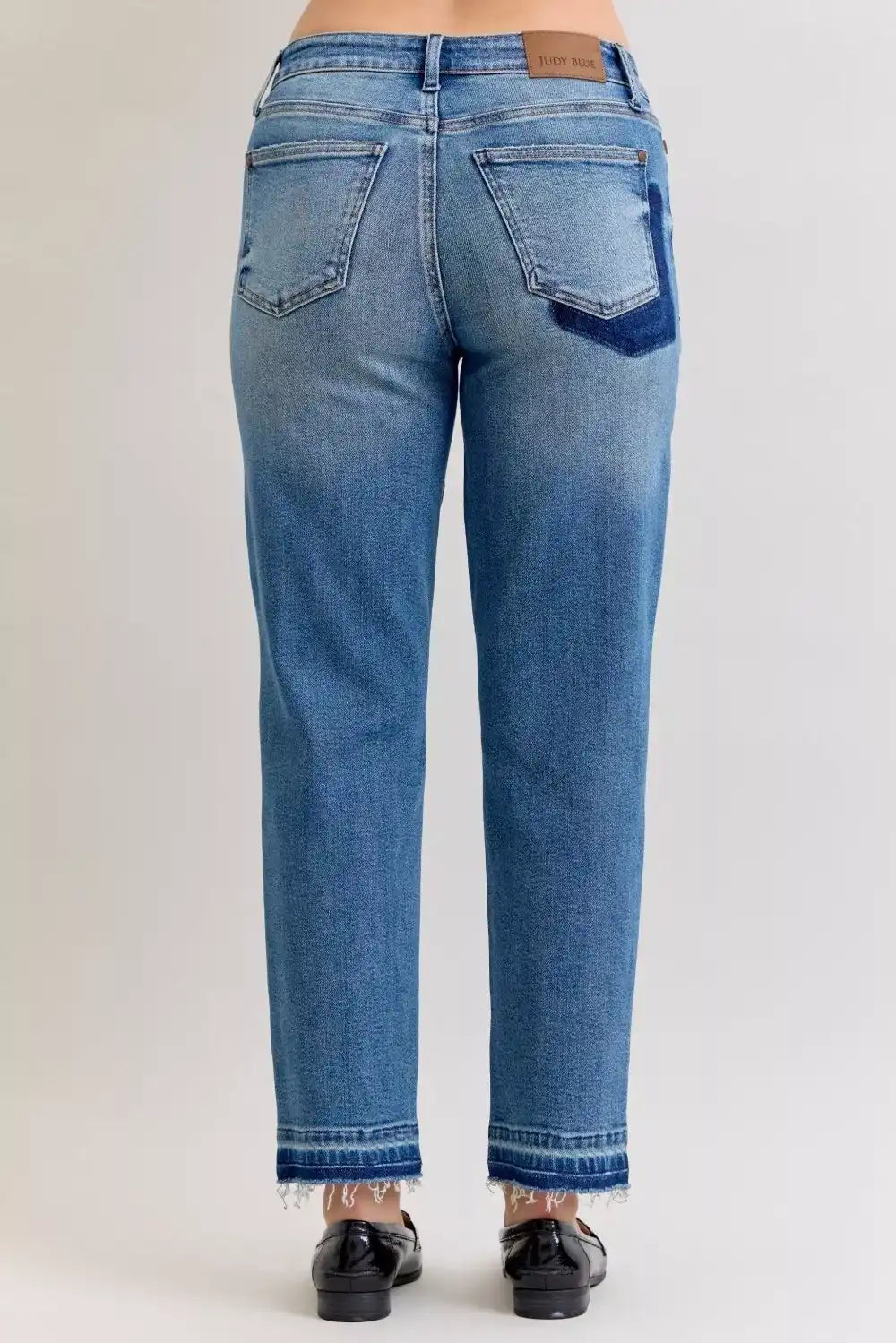 Judy Blue Mid Rise Boyfriend Patch & Repair Destroy Release Hem Jeans 881045 - Sleekdenim.com