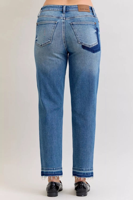 Judy Blue Full Size Mid Rise Bf Patch & Repair Destroy Release Hem Jeans Plus Size - Sleekdenim.com