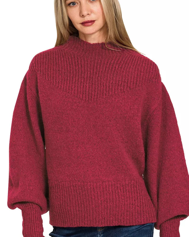 Zenana Balloon Sleeve Mock Neck Sweater - Sleekdenim.com