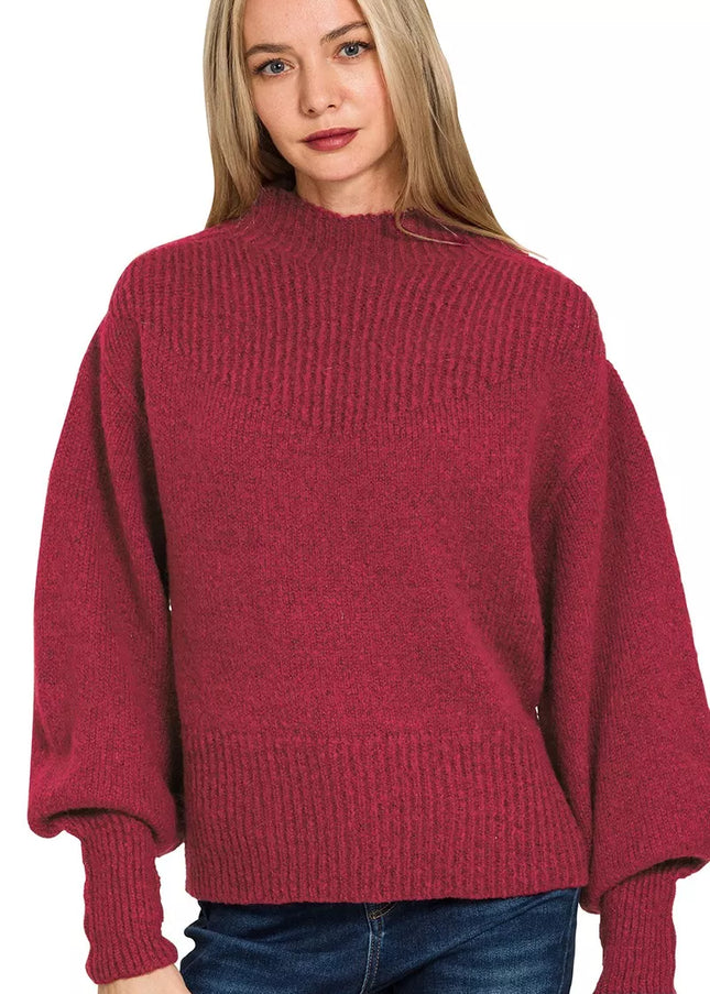 Zenana Balloon Sleeve Mock Neck Sweater - Sleekdenim.com