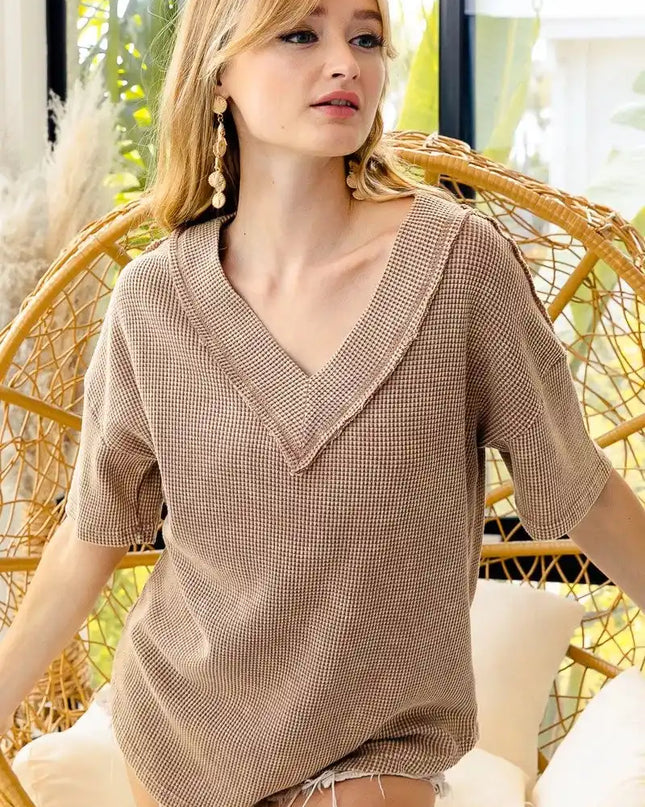 BiBi Mineral Washed V-Neck Cut Edge Detail Top - Sleekdenim.com