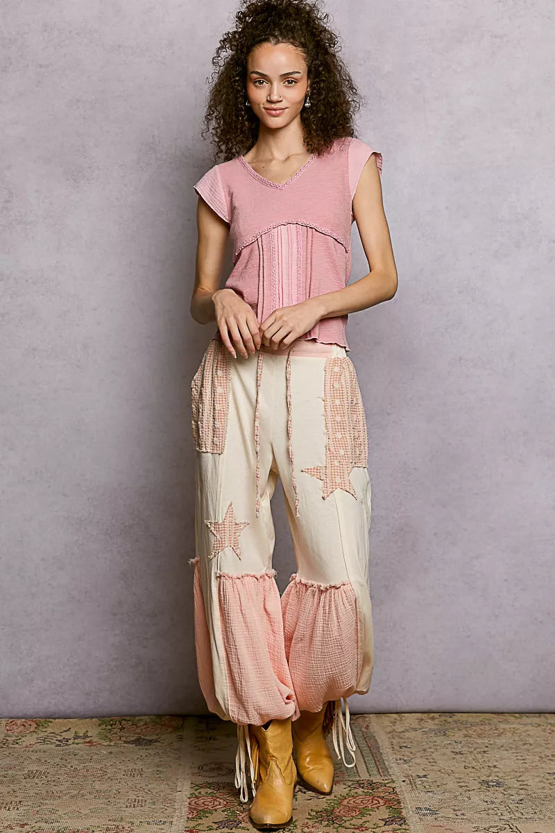 POL V-Neck Lightweight Textured Short Sleeve Knit Top with Lace Trim - Image 6