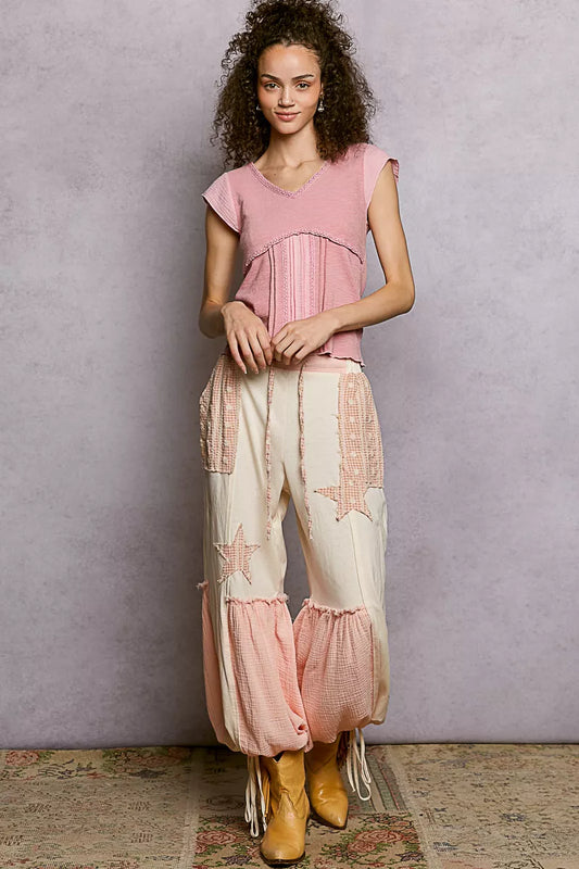 POL V-Neck Lightweight Textured Short Sleeve Knit Top with Lace Trim - Image 6