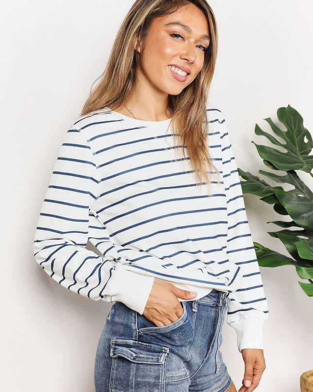 Double Take Striped Long Sleeve Round Neck Top - Sleekdenim.com