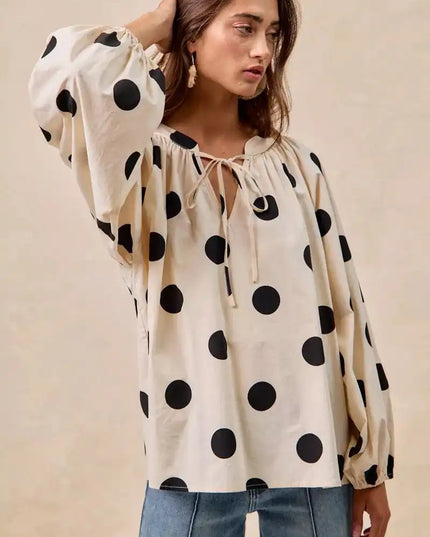 BiBi Polka Dot Exaggerated Balloon Sleeves Blouse - Sleekdenim.com