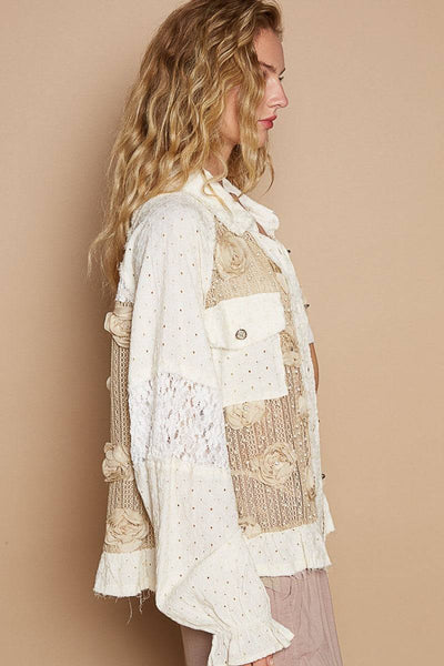 POL Eyelet Flower Pearl Detail Lace Patchwork Shirt | Sleekdenim.com