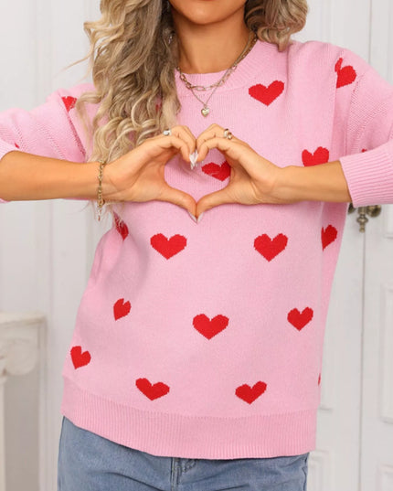 Valentine's Day Heart Pattern Dropped Shoulder Sweater - Sleekdenim.com