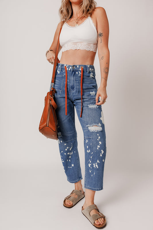 Ashleigh Blue Ripped Splattering Paint Cropped Straight Jeans - Sleekdenim.com