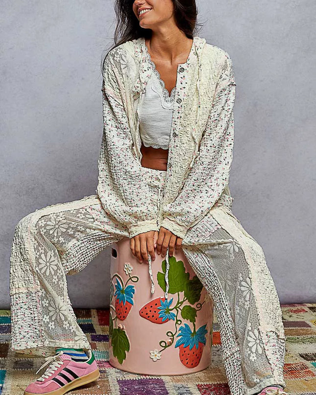 POL Floral Balloon Sleeve Hooded Lace Jacket with Stitch Detail - Sleekdenim.com