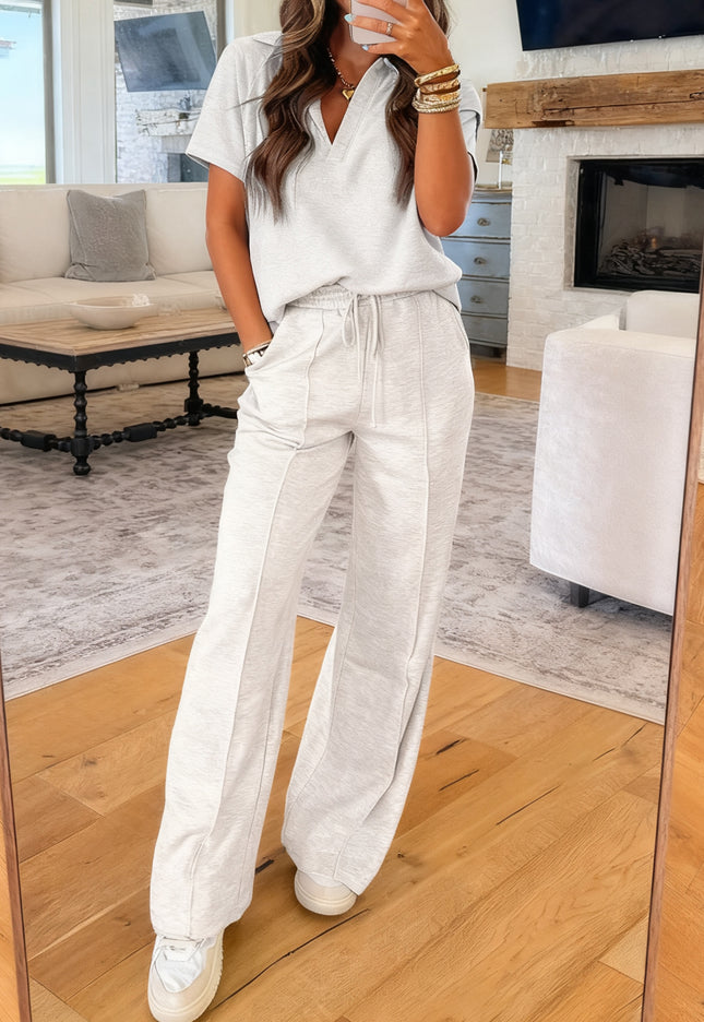 Light Grey Polo Tee Casual Pant Set - 2