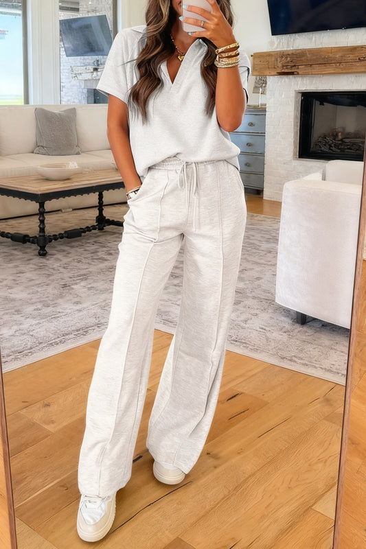 Light Grey Polo Tee Casual Pant Set - 2