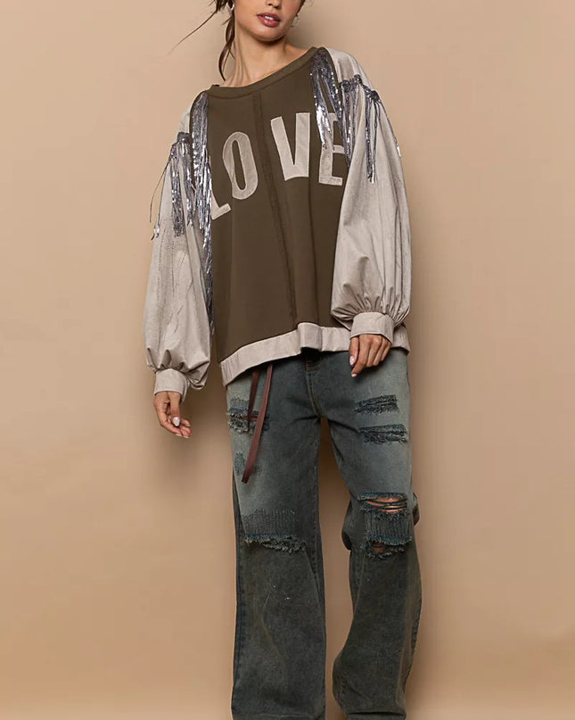 POL Balloon Sleeve French Terry Sweatshirt with Sequin Tassel - Sleekdenim.com
