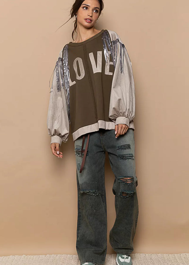 POL Balloon Sleeve French Terry Sweatshirt with Sequin Tassel - Sleekdenim.com