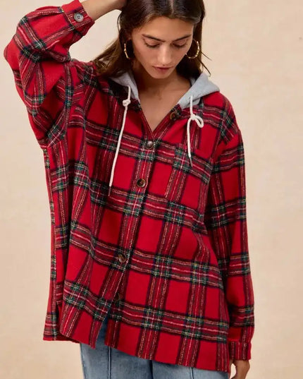 BiBi Brushed Plaid Hooded Jacket - Sleekdenim.com