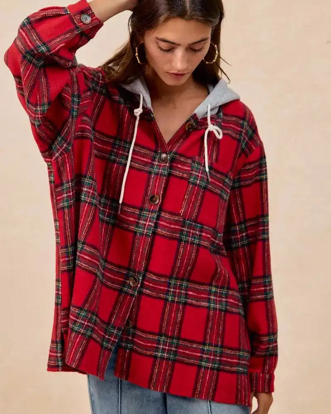 BiBi Brushed Plaid Hooded Jacket - Sleekdenim.com