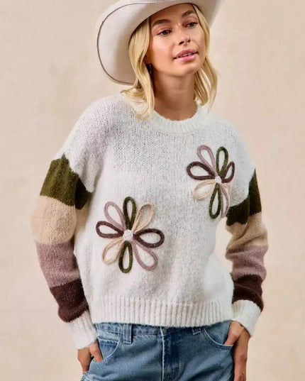 BiBi Flower Color Block Sweater - Sleekdenim.com