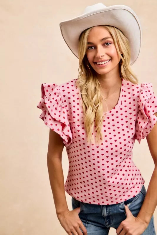 BiBi Heart Patterned Knit Ruffled Sleeves Top - Sleekdenim.com