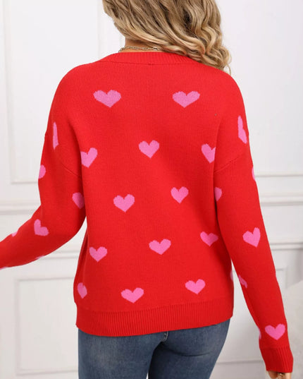 Valentine's Day Heart Pattern Dropped Shoulder Sweater - Sleekdenim.com