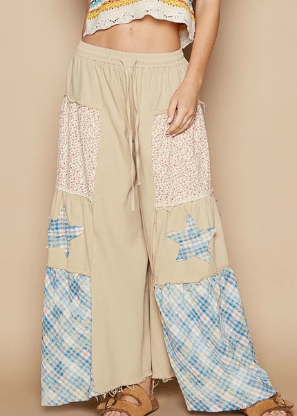 POL Drawstring Star Patch Contrast Wide Leg Pants - Sleekdenim.com