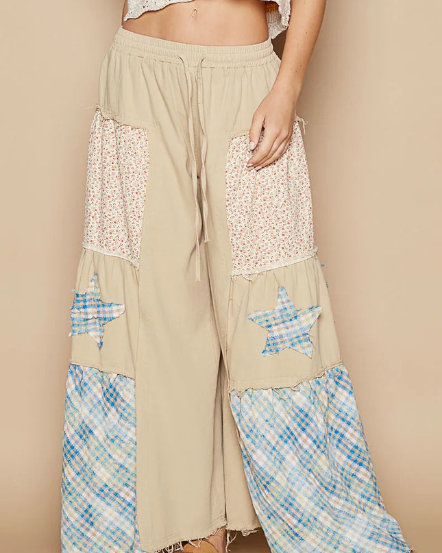 POL Drawstring Star Patch Contrast Wide Leg Pants - Sleekdenim.com