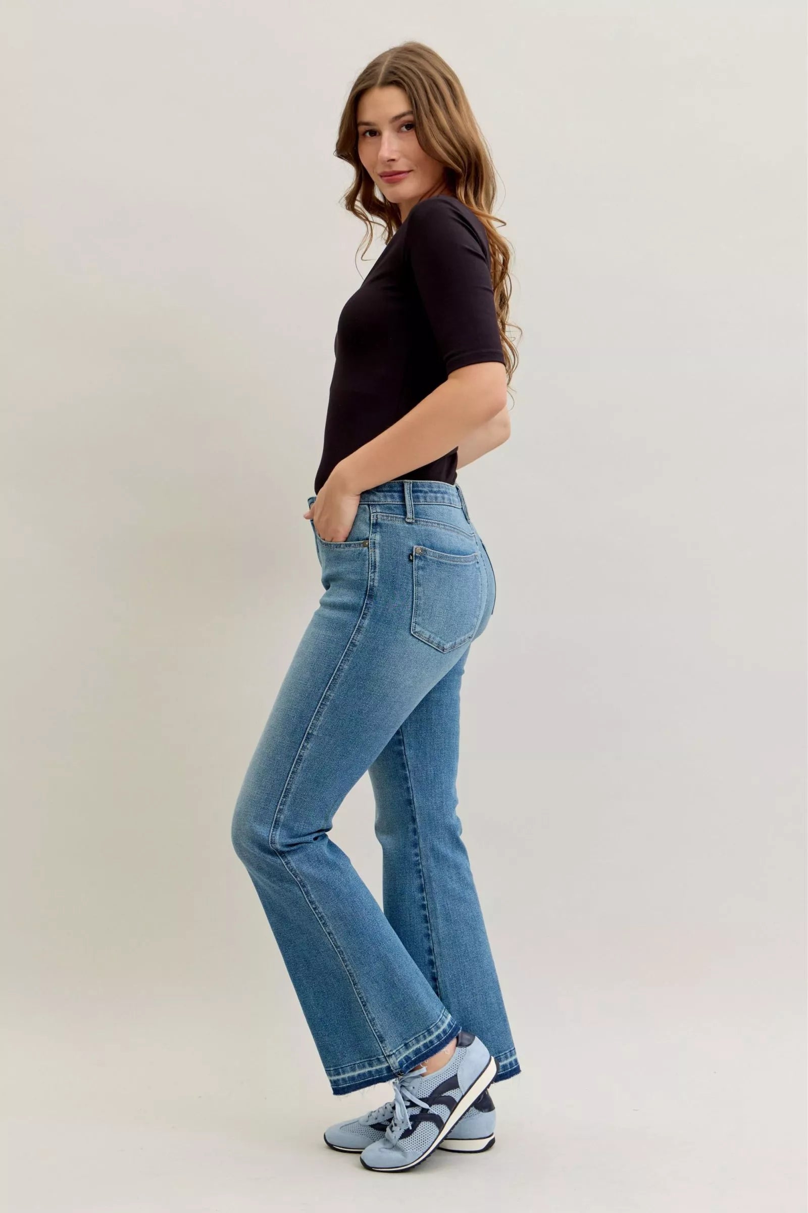 Judy Blue Full Size Mid Rise Slim Bootcut Tummy Control Release Hem Jeans Plus Size - Sleekdenim.com