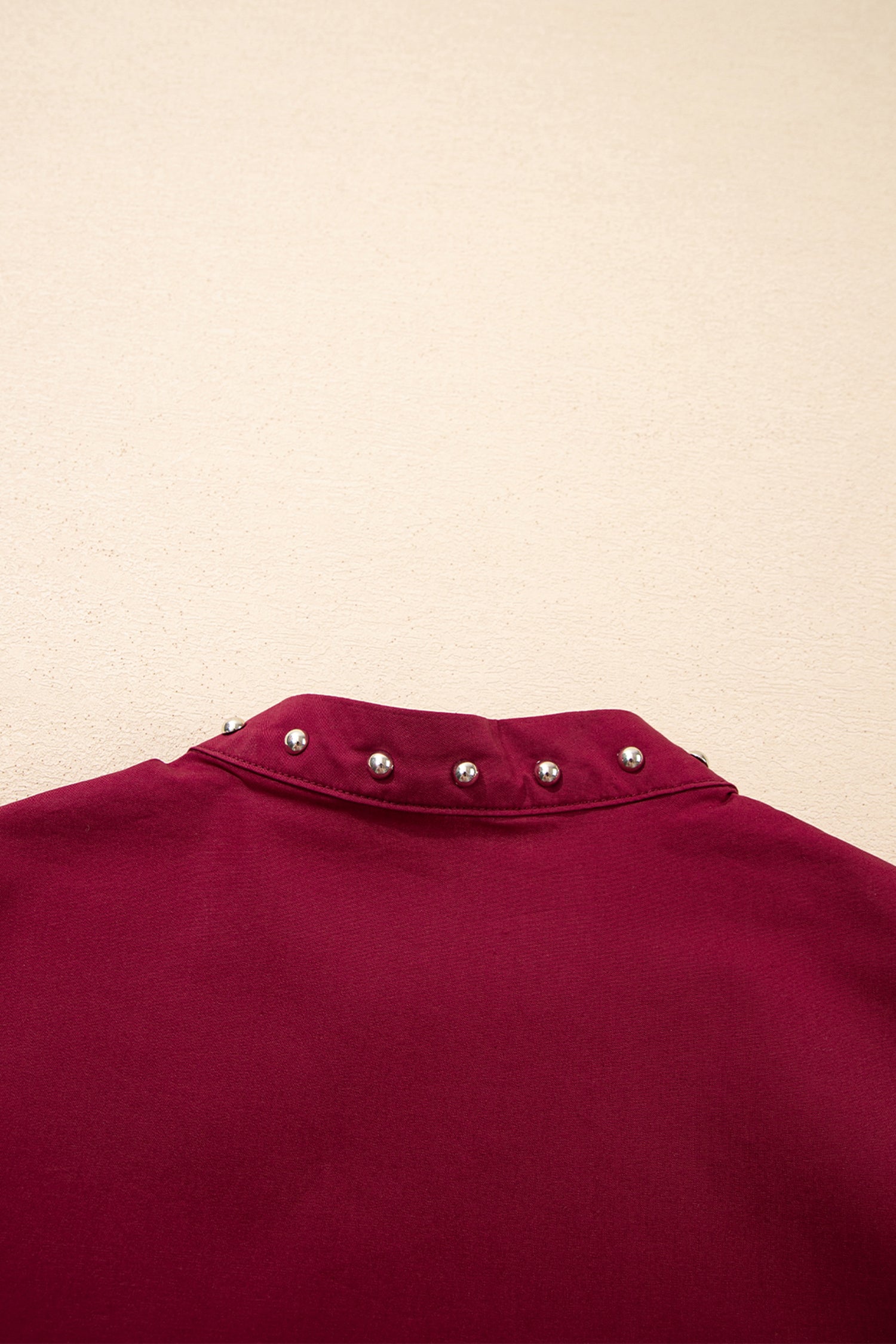 Burgundy Rivet Embellished V Neck Short Puff Sleeve Blouse - Sleekdenim.com