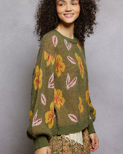 POL Floral Pattern Round Neck Balloon Sleeve Sweater - Sleekdenim.com